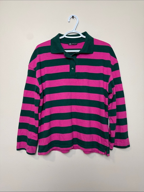Zara Tops - Zara y2k Striped Long-Sleeve Polo in Pink & Dark Green size M
